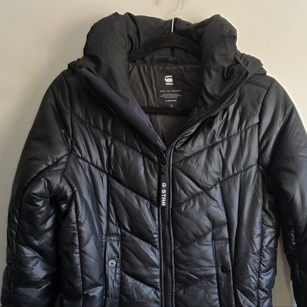 G-Star RAW Alaska HDD Long Puffer Jacket Women’s Size Small Black Hooded Coat - Picture 6 of 15